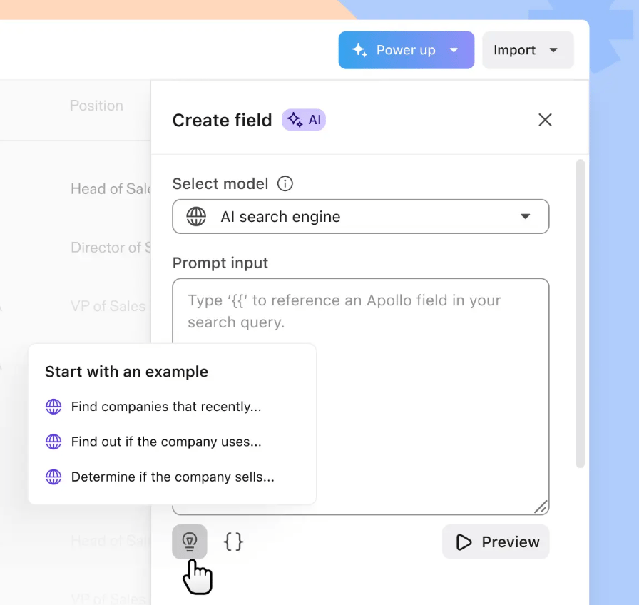 Apollo AI-powered search engine with options to filter contacts by company data.