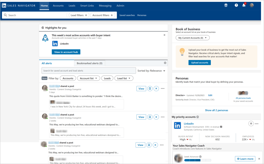 LinkedIn Sales Navigator dashboard with newsfeed of account highlights and prospect posts.