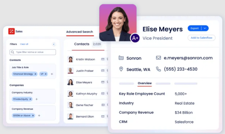 ZoomInfo sales contact card featuring advanced search and a user profile