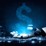 A robot arm holding a digital/virtual dollar sign.