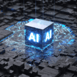 AI generated image of an obsidian cube with AI text on a circuit designed structure.