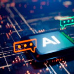 Conceptual image with a speech bubble next to an interactive AI CPU.