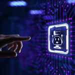 Hand pressing chatbot button on virtual screen.