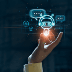 Hand touching digital chatbot.