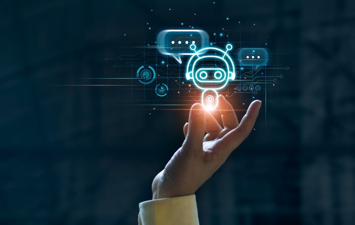 Elmar vs. GPT4 Hand touching digital chatbot.