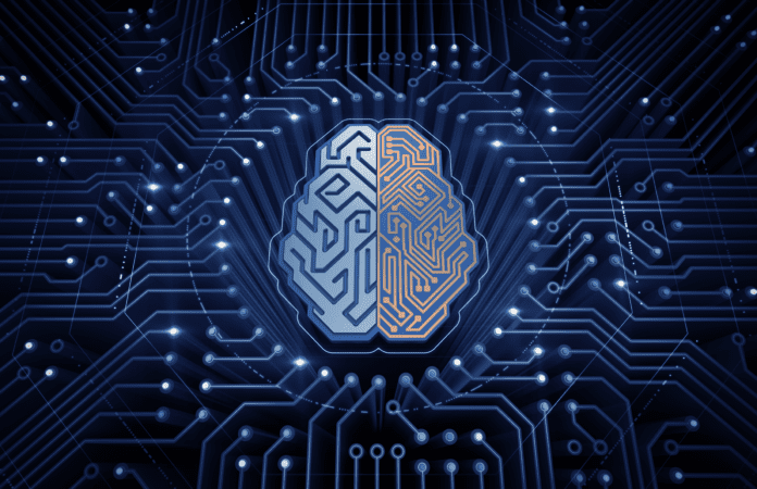 An electronic chip in form of a human brain in center of the circuit board of digital cyberspace.