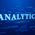 Analytics word cloud on blue background.