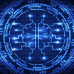 Artificial intelligence brain with ring gears on binary code background.