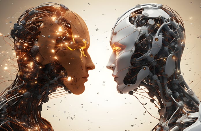 Generative AI vs AI Two futuristic opposite AI robots.
