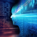 Double exposure image of financial graph and virtual human 3D with program codes on the background.