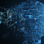 Binary digits and circuit patterns forming a silhouette of a head.