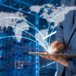 Businessman manager using tablet check and control for workers with Modern Trade warehouse logistics.