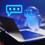 3D rendering of a conversational AI robot with speech bubble.