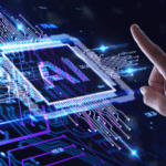 A businessman's hand interacting with a virtual AI processing chip.