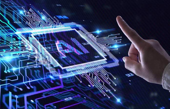 How to Use Generative AI to Improve Your Business A businessman's hand interacting with a virtual AI processing chip.