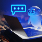 Conversational copilot AI robot with speech bubble.