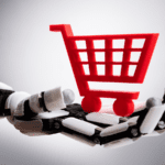 Robot holding a red shopping cart.
