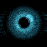 A digital eye with pupils made up of binary values.