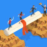 3D isometric view of professionals crossing a gap using a diploma as a bridge.