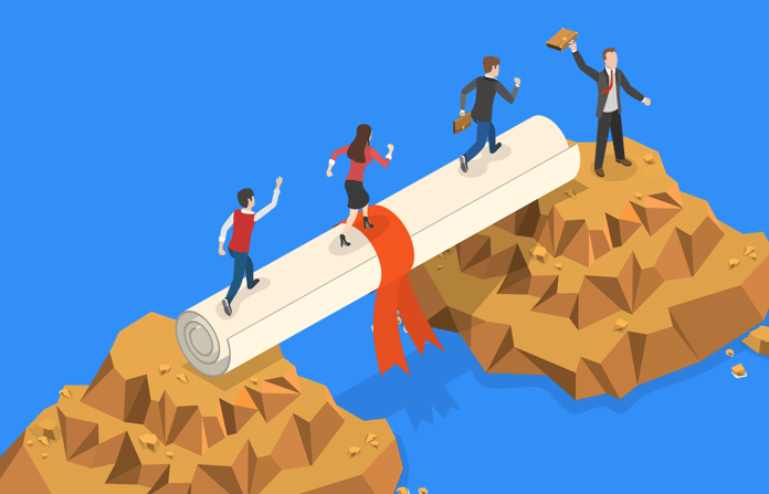 How Cisco is addressing the widening skills gap 3D isometric view of professionals crossing a gap using a diploma as a bridge.