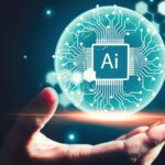 Blue digital virtual chip with AI inscription in businessman hand.