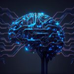 Artificial brain with bluish electric streaks and sparks in scattered regions.