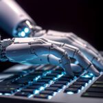 Artificial intelligence android robot hands writing text on compurter keypad.