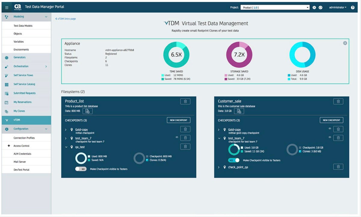 The Main Navigation Screen for Virtual Test Data Manager.