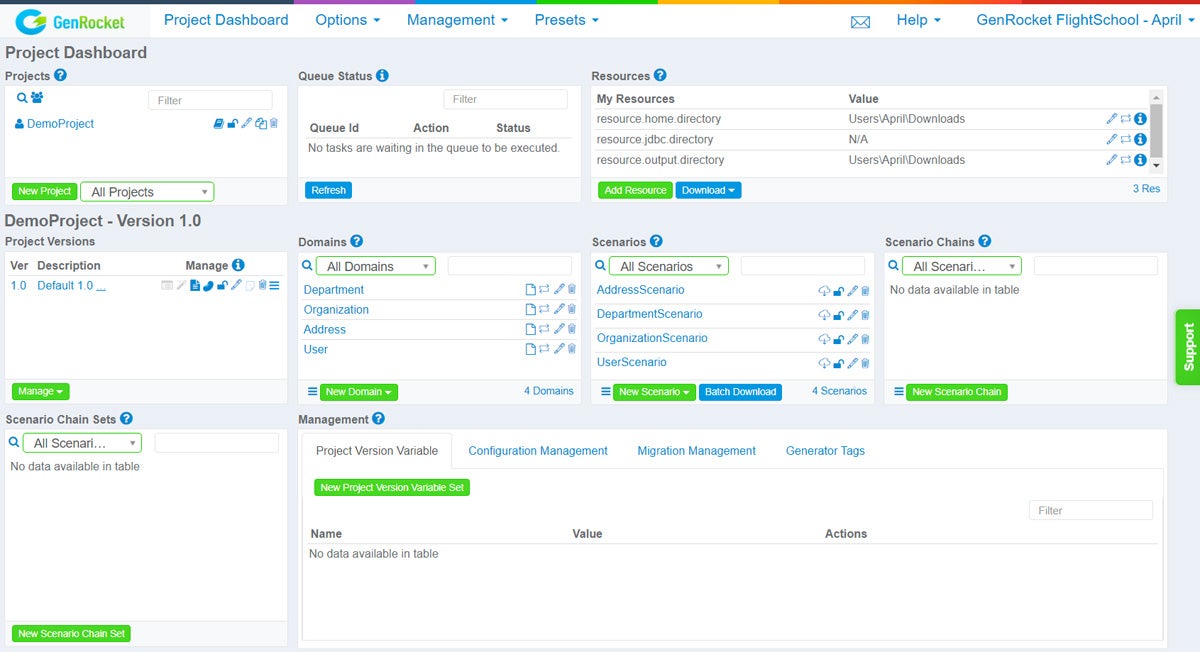 GenRocket project dashboard.