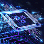 Virtual chip with gear icons embedded on a digital circuit grid.