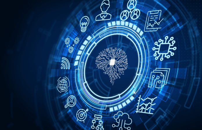 Virtual circuit brain surrounded with related icons.