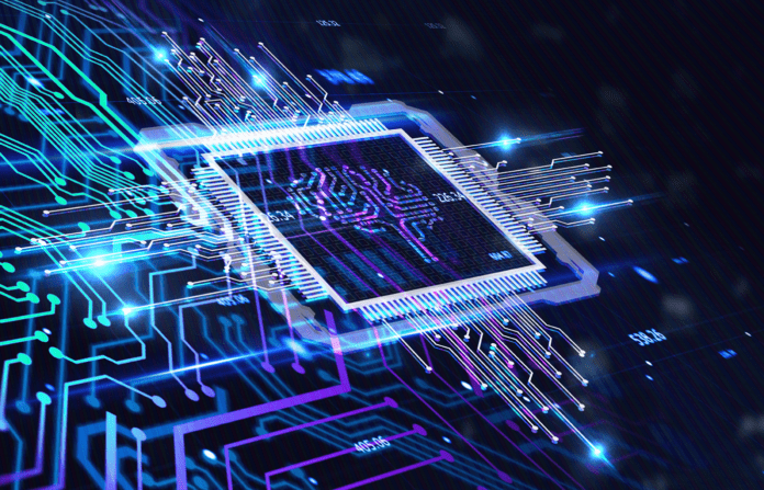 Virtual processor chip with digital brain inscription embedded on a digital circuit grid.