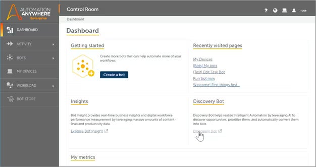 Automation Anywhere dashboard.