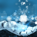 Robot hand holding a virtual chip with AI inscription on a city backbround.