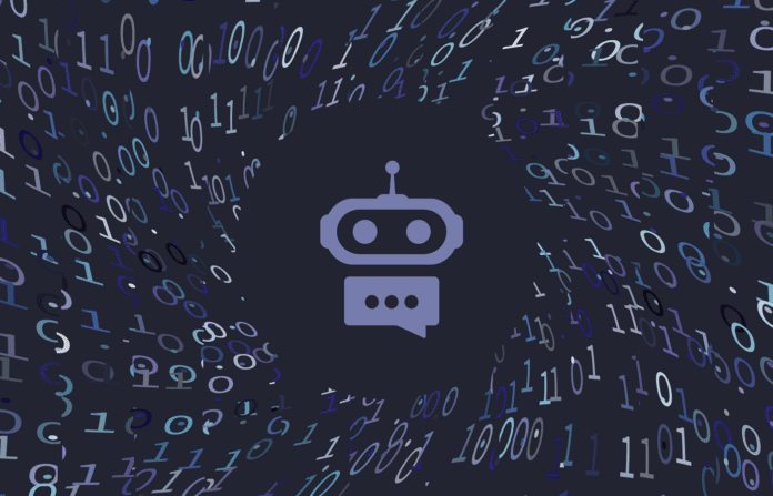 Swirling binary values with an AI bot at the center.