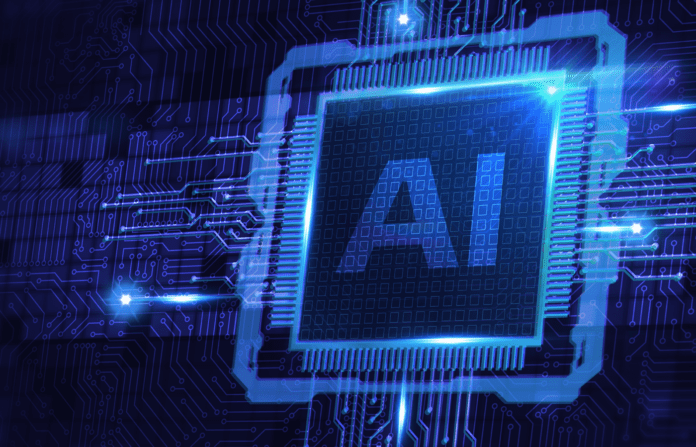 Virtual chip with AI inscription embedded in a digital circuit grid.