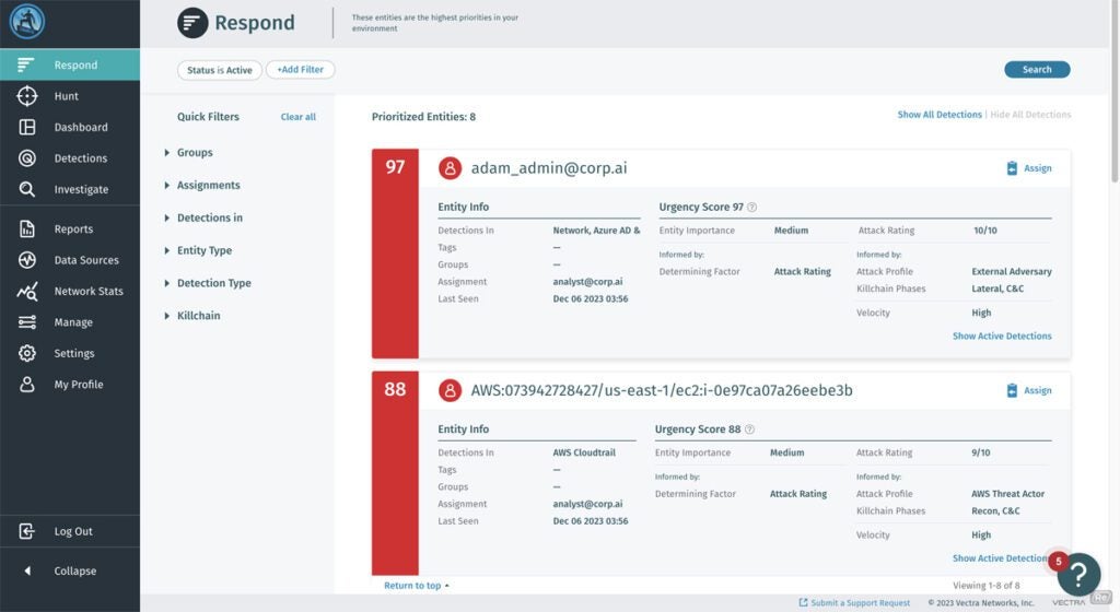 Vectra AI sample dashboard.