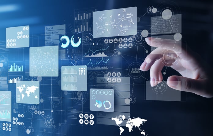 Cognos vs. Power BI: 2024 Data Platform Comparison Business intelligence analyst dashboard on virtual screen.