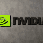 Three-dimensional Nvidia logo against concrete wall.