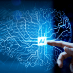 Hand interacting with a holographic artificial Intelligence chip on virtual dashboard.