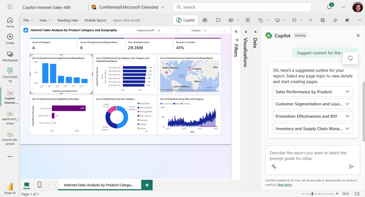 Copilot for Microsoft Power BI gives users AI-informed suggestions for how to package reports and visualize data, depending on the audience and use case.