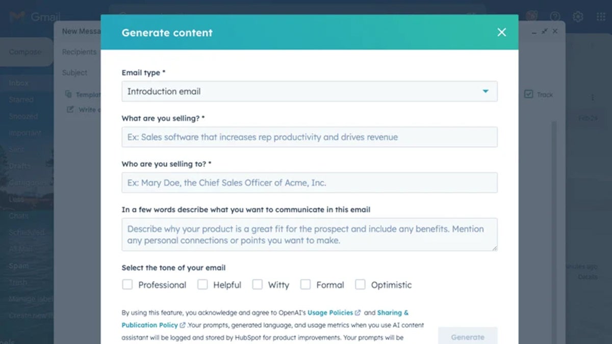 HubSpot’s generative AI tools are currently in public beta; with this particular feature, users can provide the tool with minimal information so HubSpot can generate relevant outreach emails.