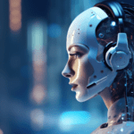 Artificial intelligence robot working at computer in office.