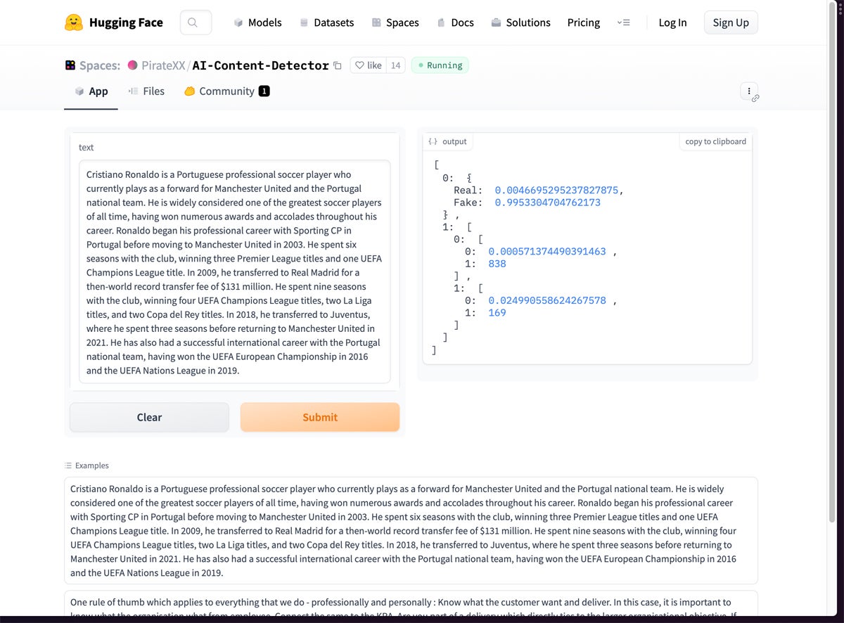 Hugging Face sample text analysis with outputs.