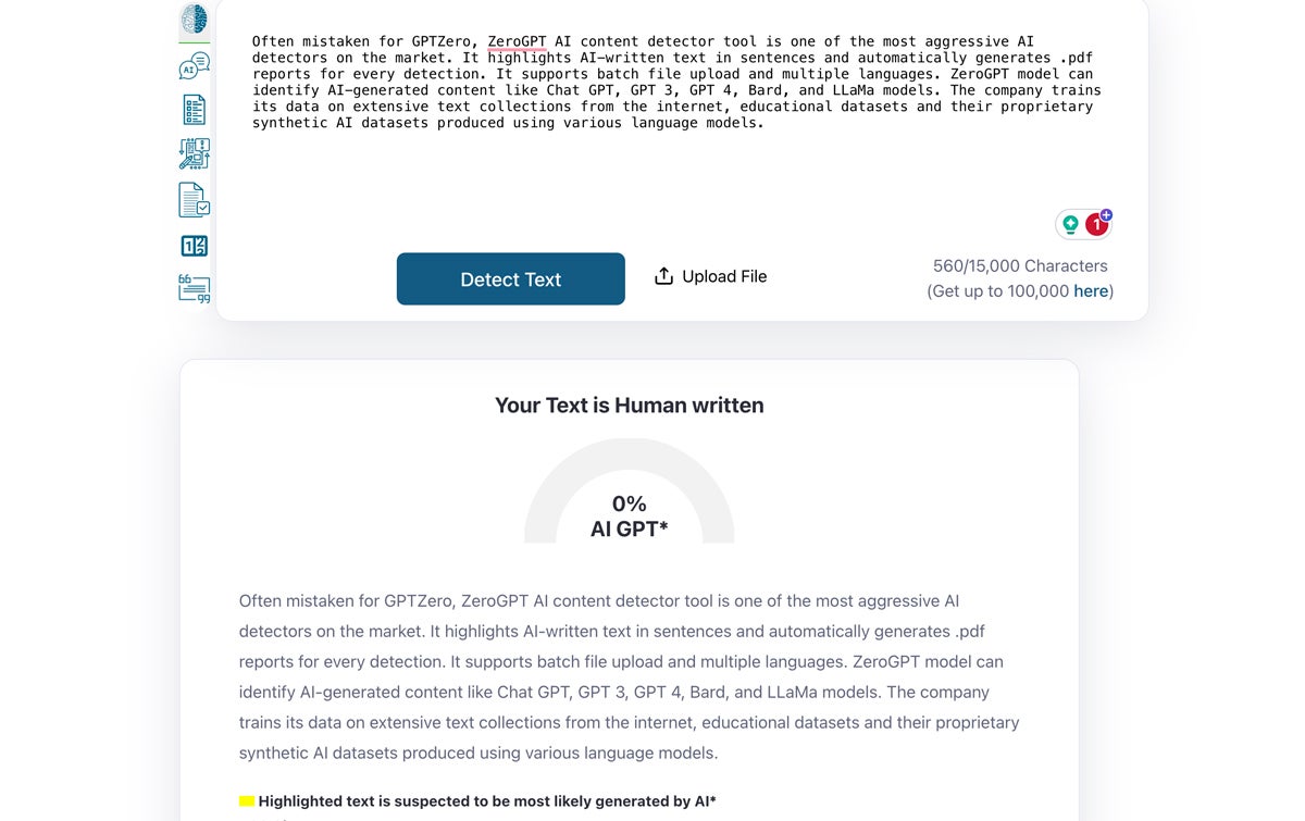 ZeroGPT sample text analysis with result.