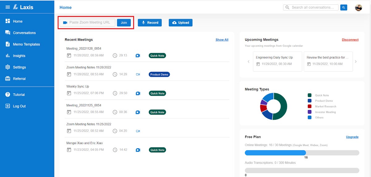 Laxis recent meeting activity dashboard.