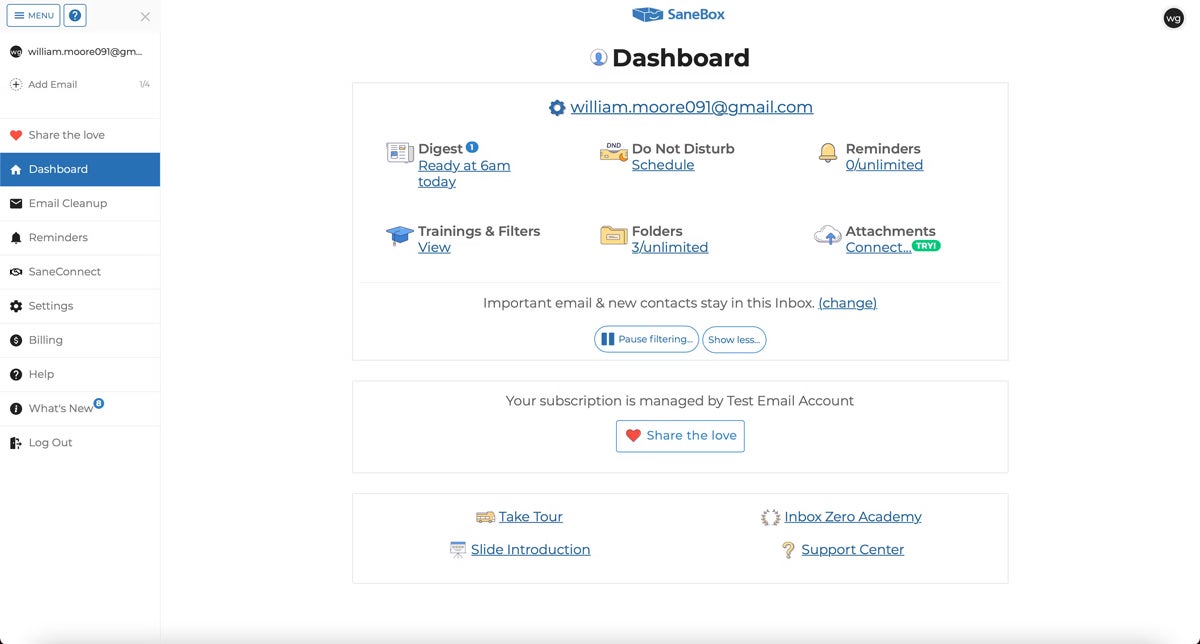 SaneBox dashboard overview.