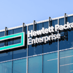 Hewlett Packard Enterprise (HPE) logo at Silicon Valley HQ.