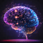 Human brain with neural network and printed circuit.