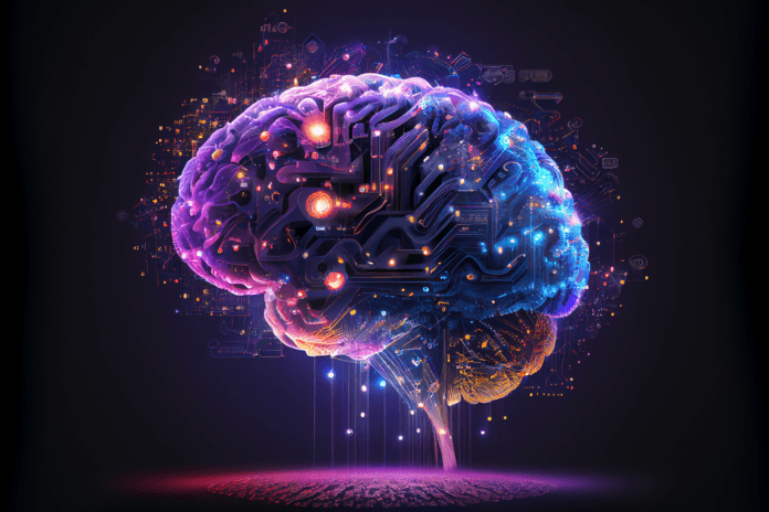 Human brain with neural network and printed circuit.